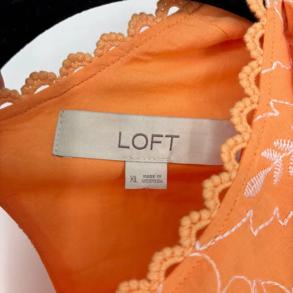 LOFT Orange Floral Embroidered Open Back‎ Puff Sleeve Top XL NWT 36722396